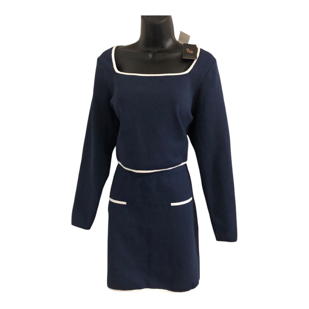 Sincerely Jules 2pc sweater knit navy white trim back cutout top & pencil skirt